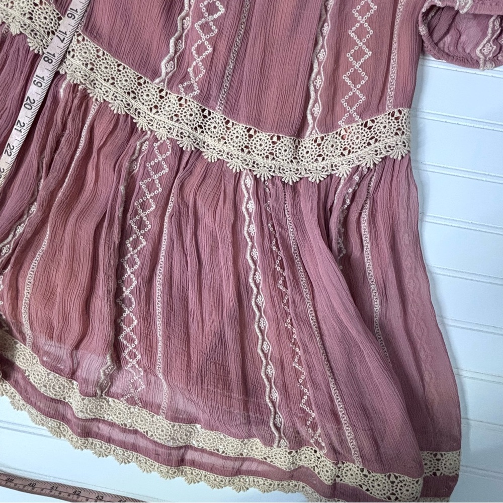 Floreat Boho Sweet Lace Peasant Embroidered Dress Dusty Rose-Peach Gauze Large - Picture 15 of 16